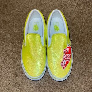 Vans neon yellow glitter slip ons